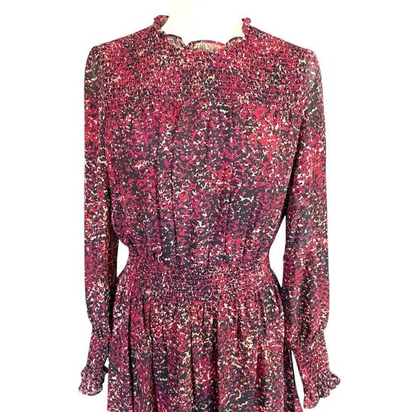 Taylor Women's Black Maroon Print L/S Chiffon Smocked Waist Dress 8 Bohemian - Picture 2 of 12